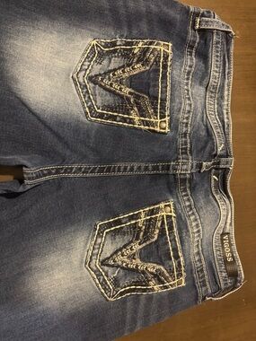 Vigoss Dark Blue Distressed Bootcut Jeans with Contrast Stitching